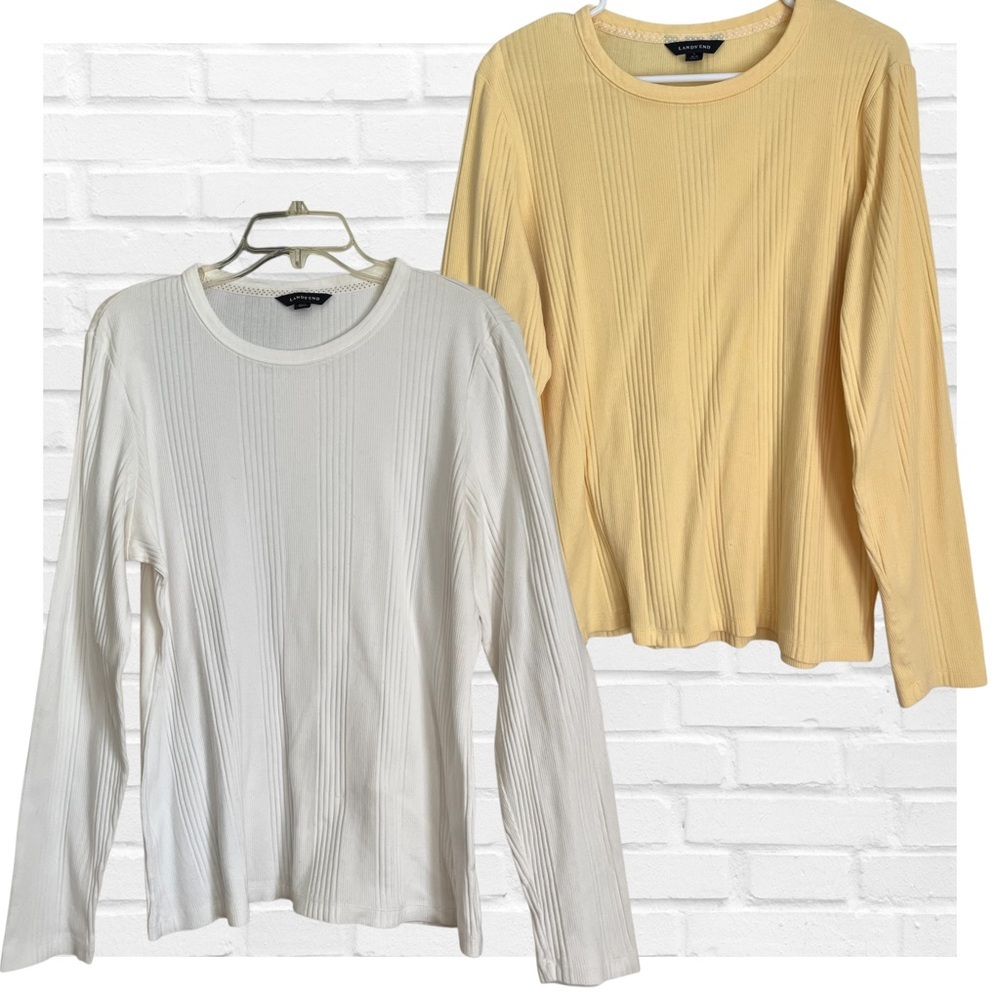 Lands' End Women's Sz L Ribbed Cotton T Shirts Cream and Yellow Casual Layer